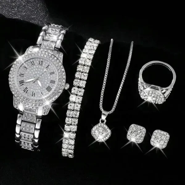 Hot Sell Gold Silver Rose Gold Alloy and Bling Rhinestone Hip Hop Necklace Bracelet Rings Earrings Watch Women's Jewelry Set