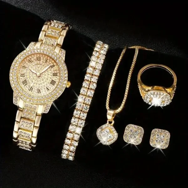 Hot Sell Gold Silver Rose Gold Alloy and Bling Rhinestone Hip Hop Necklace Bracelet Rings Earrings Watch Women's Jewelry Set - Image 3