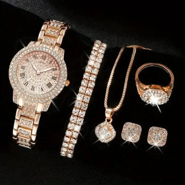 Hot Sell Gold Silver Rose Gold Alloy and Bling Rhinestone Hip Hop Necklace Bracelet Rings Earrings Watch Women's Jewelry Set - Image 4
